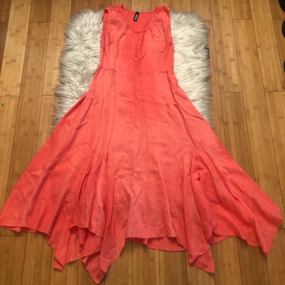 Inizio Made in Italy Linen Ombre Handkerchief Hem Coral Sleeveless Maxi Dress M - Picture 1 of 12